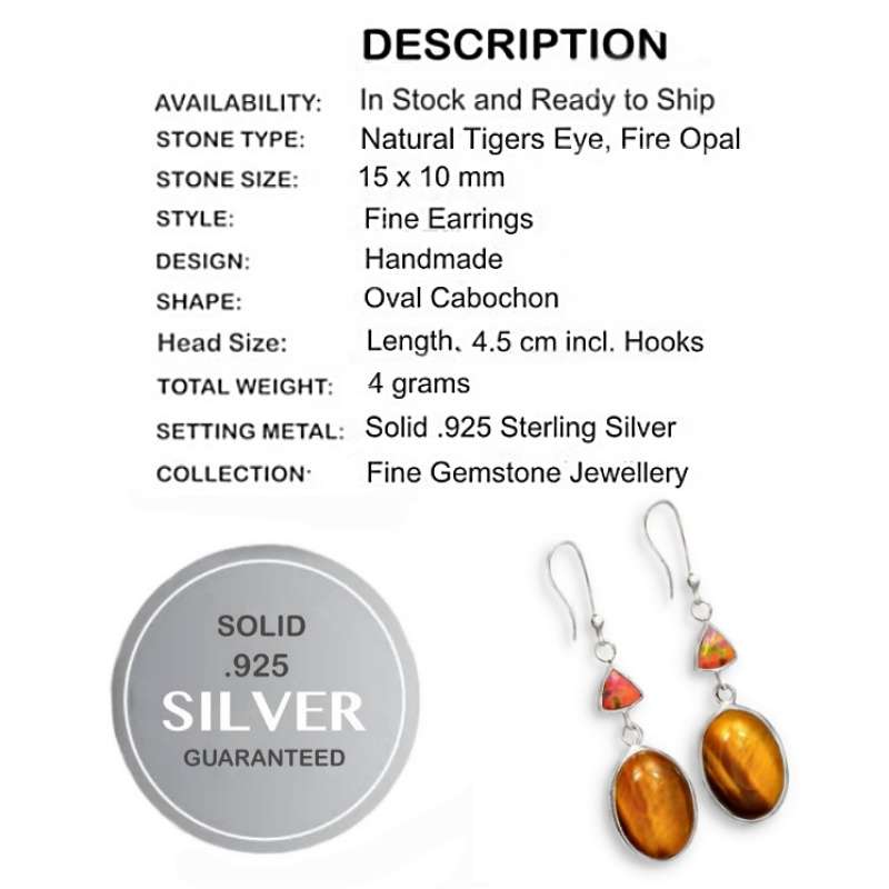 Natural Tigers Eye and Orange Fire Opal Gemstones in  Solid .925 Silver Earrings