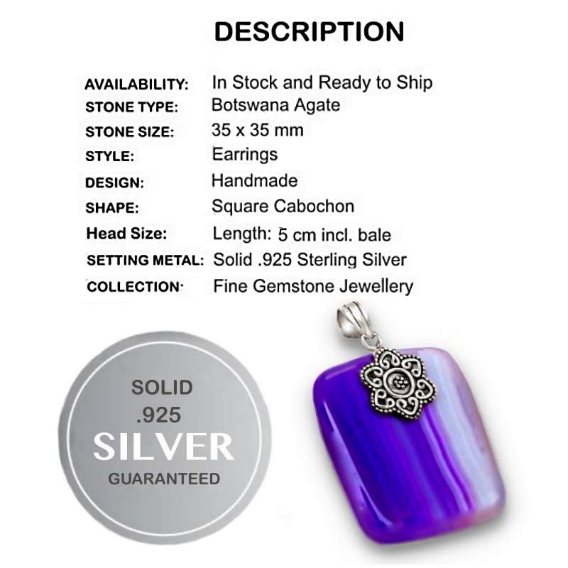Natural Purple Botswana Lace Agate Rectangle Gemstone set in Solid .925 Sterling Silver Pendant