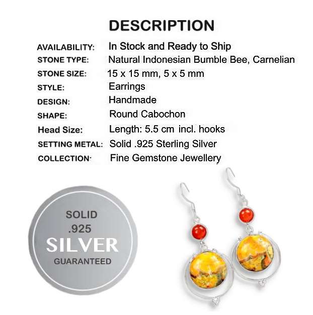 Natural Indonesian Bumble Bee Jasper, Carnelian set in Solid .925 Sterling Silver Earrings