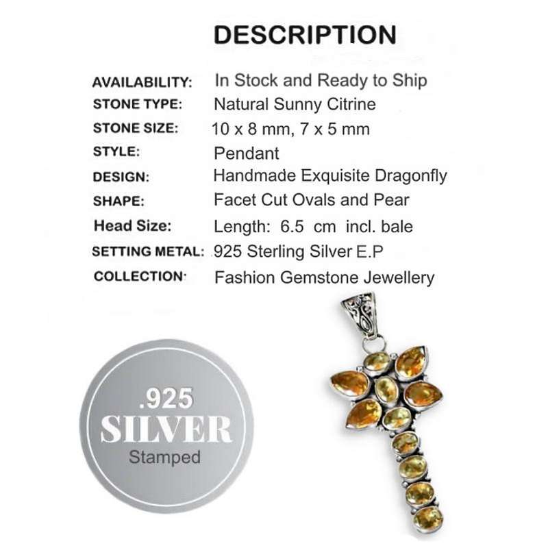Golden Citrine  Mixed Shape Gemstones Dragonfly set in .925 Sterling Silver Plated Handmade Pendant