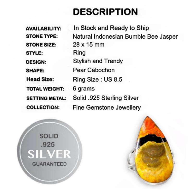 Natural Indonesian Bumble Bee Jasper Gemstone set in Solid .925 Sterling Silver Ring Size 8.5 / Q1/2
