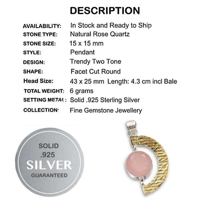 Two Tone Natural Rose Quartz Gemstone set in Solid. 925 Sterling Silver Pendant