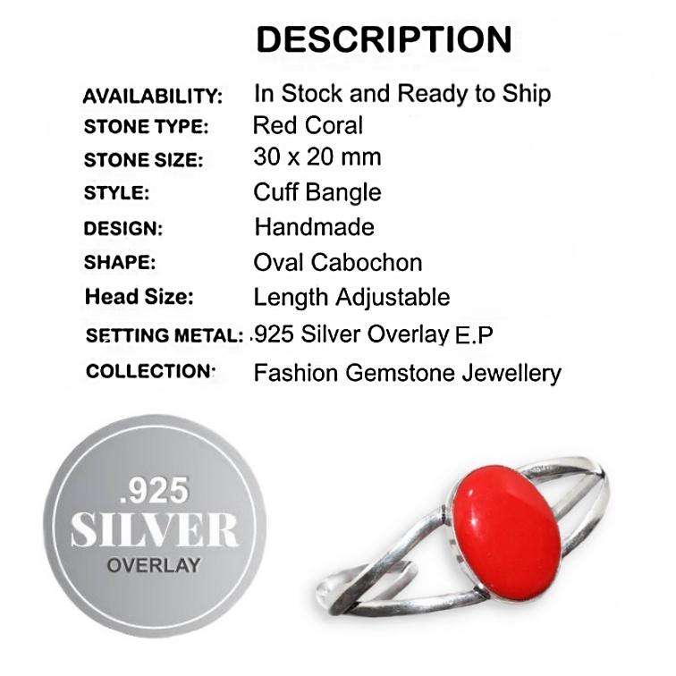 Red Coral Oval Shape set in  925 Sterling Silver Plated Handmade Adjustable Cuff Bangle