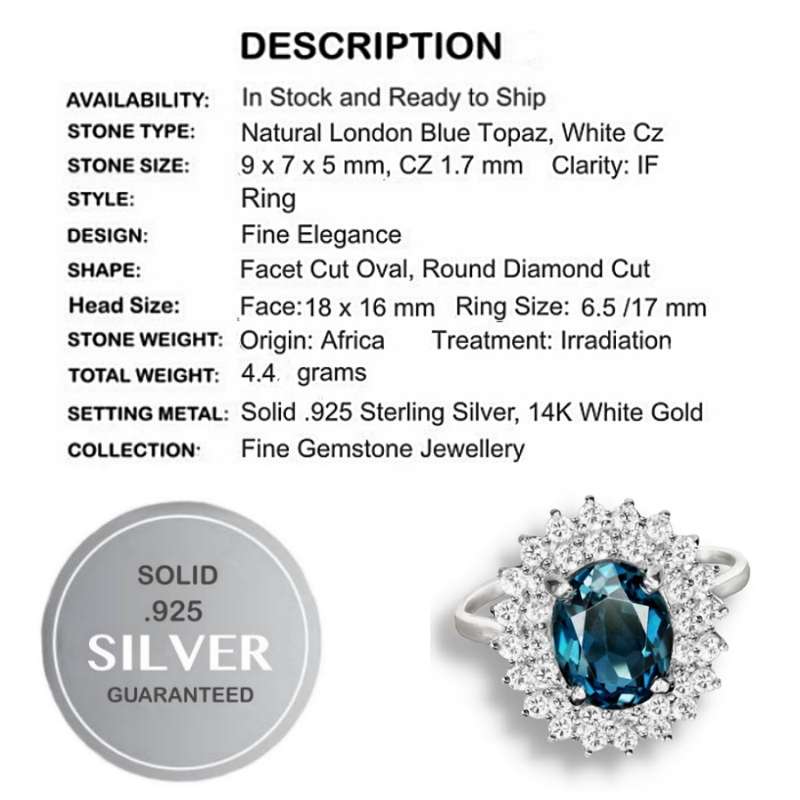 Genuine 9 x 7 mm London Blue Topaz Oval CZ  Solid .925 Sterling Silver 14K White Gold Ring Sz 6.5 /N