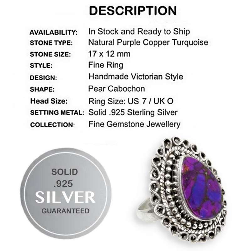 Antique Style Natural Purple Copper Turquoise and Solid .925 Silver Ring Size US 7 or O