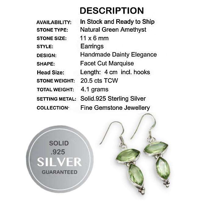 Natural Green Amethyst Marquise Gemstones set in Solid .925 Sterling Silver Earrings