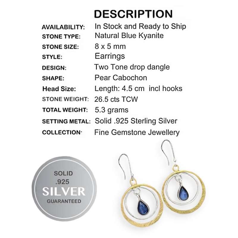Two Tone Natural Kyanite Gemstone set in Solid .925 Sterling Silver Drop Dangle Earrings