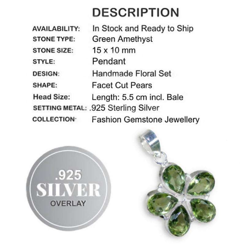 Green Amethyst Pears in a Floral Shape set in .925 Sterling Silver Plated Handmade Pendant