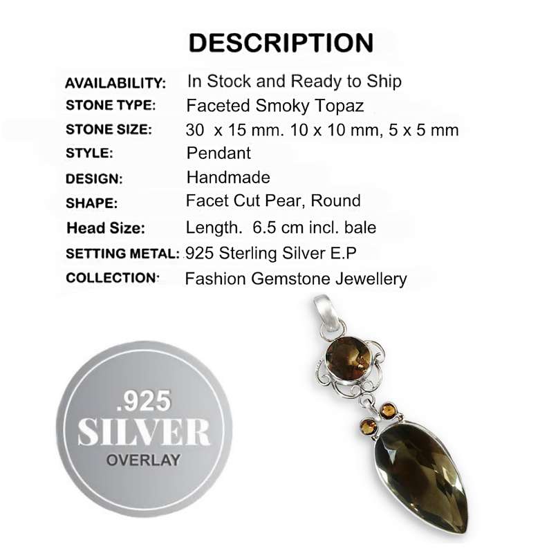 Elegant Smoky Topaz and Cognac Citrine set in .925 Sterling Silver Plated Antique Style Pendant