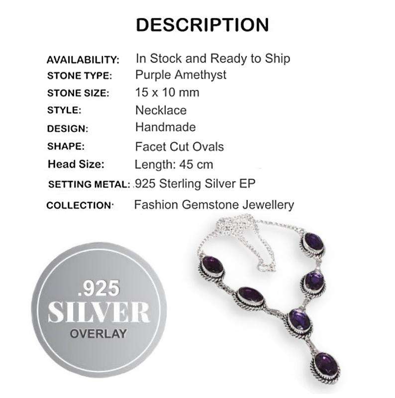 Purple Amethyst Ovals set in .925 Sterling Silver Plated Handmade Antique Style Necklace