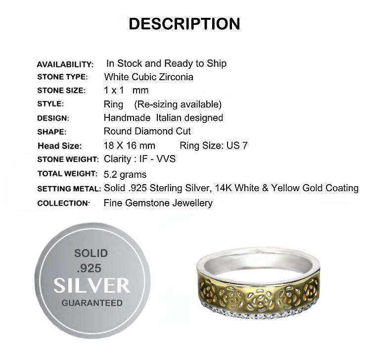 Italian Fine Crafted Two Tone AAA CZ  Solid .925 Silver 14K White and Yellow Gold Ring Size US 7 /O