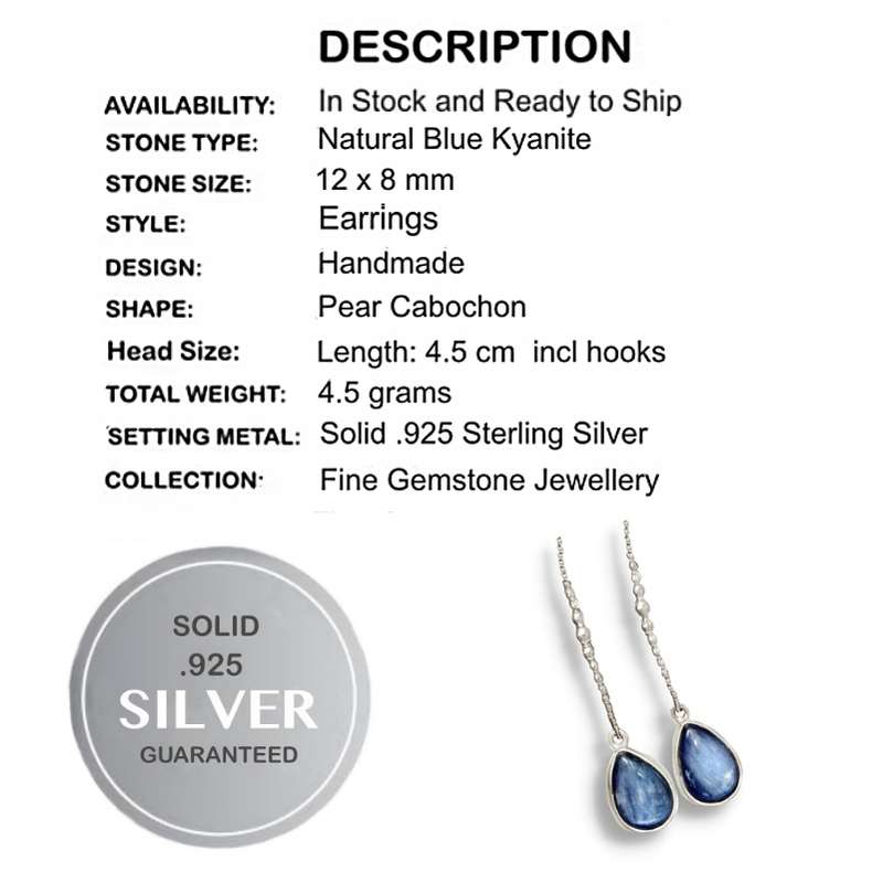 Natural Kyanite Pear Shape Gemstone set in Solid 925 Sterling Silver Earrings