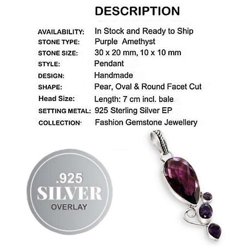 Faceted Purple Amethyst Pear Shape Gemstone set in .925 Sterling Silver Plated Pendant