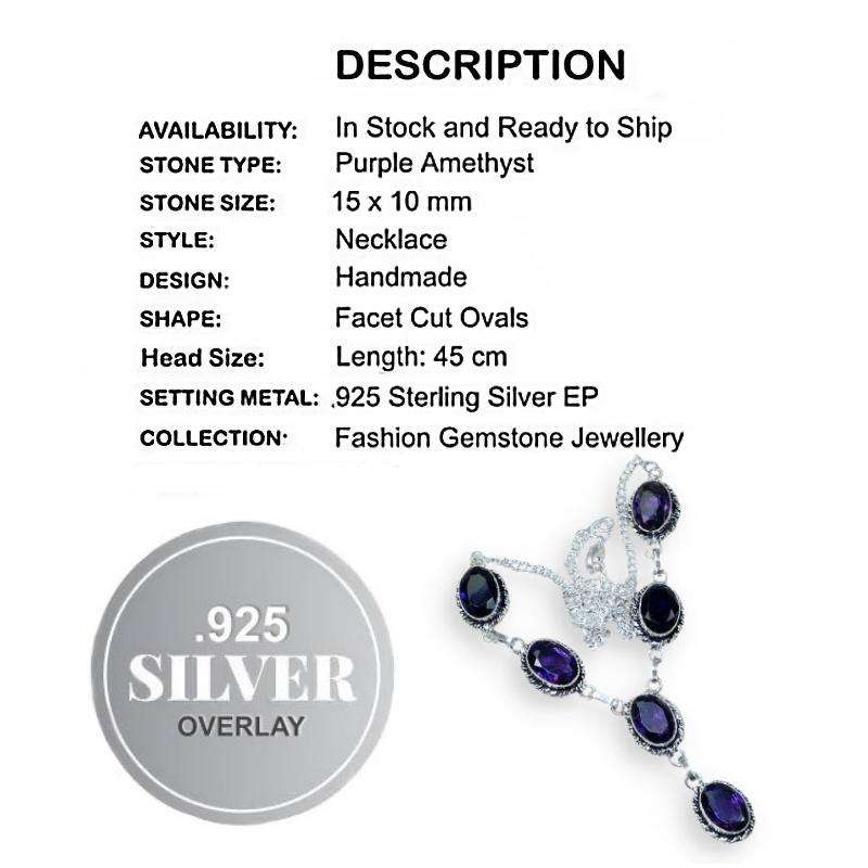 Purple Amethyst Ovals set in .925 Sterling Silver Plated Y Shape Antique Style Necklace