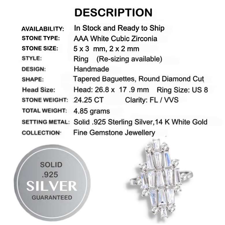 24.25 cts Rare Tapered Baguette AAA White Cubic Zirconia set in Solid .925 Silver Ring Size 8 or Q