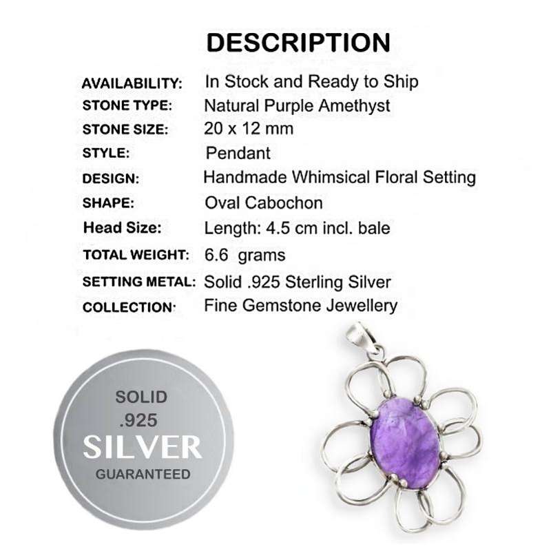 Whimsical Floral Purple Amethyst Oval Gemstone in Solid .925 Sterling Silver Pendant