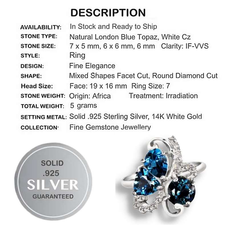 Deluxe 3 cts Natural London Blue Topaz White Cz Solid .925 Sterling Silver Size US 7 or O