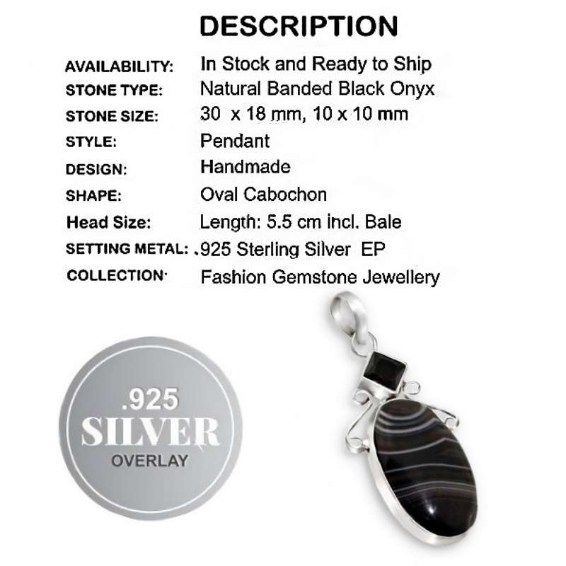 Natural Banded Black Onyx Oval and Square Gemstone set in .925 Sterling Silver Plated Pendant