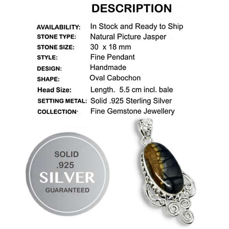 Natural Picture Porcelain Jasper Oval Gemstone set in Solid .925 Sterling Silver Pendant