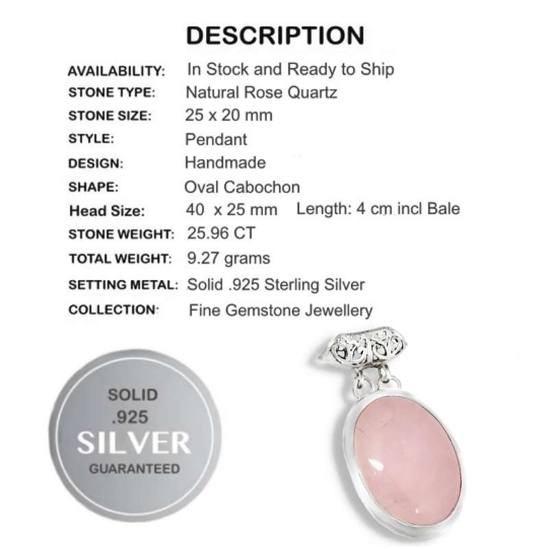 25.96 cts Natural Rose Quartz Oval Gemstone set in Solid .925 Sterling Silver Pendant