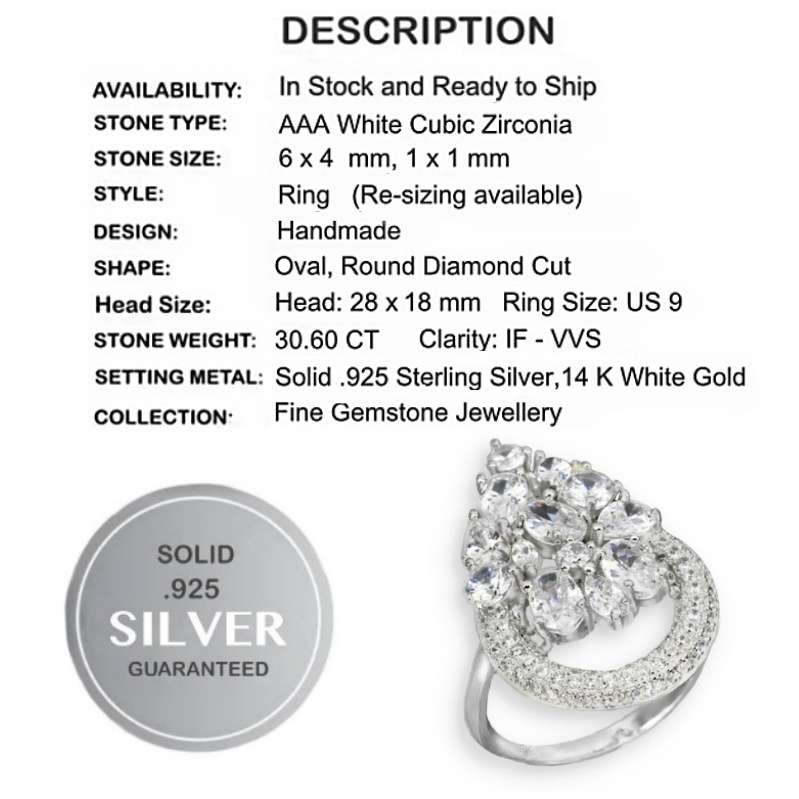 Deluxe 30.60 Ct White Cubic Zirconia set in Solid .925 Sterling Silver 14K W/Gold Ring Size 9 / R1/2