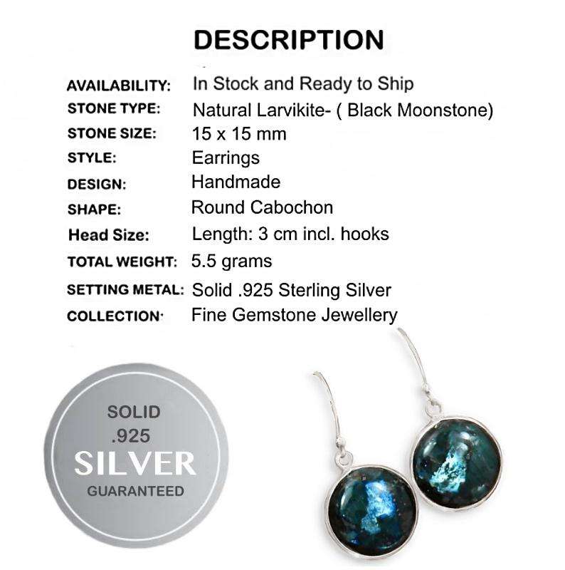 Natural Larvikite -Black Moonstone Cabochon Gemstone set in Solid .925 Sterling Silver Earrings