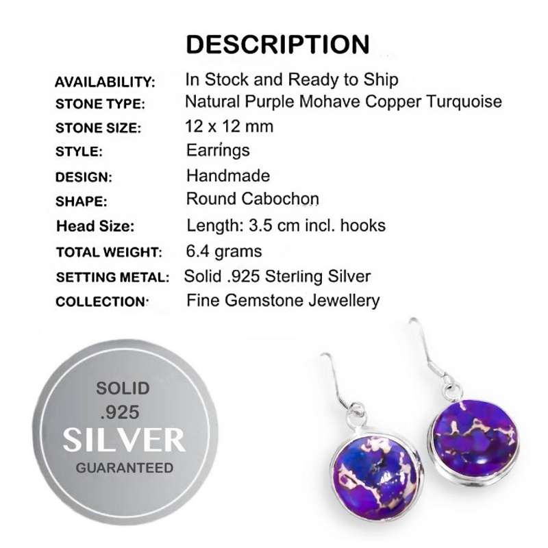 Natural Copper Mohave Purple Turquoise set in Solid .925 Sterling Silver Earrings