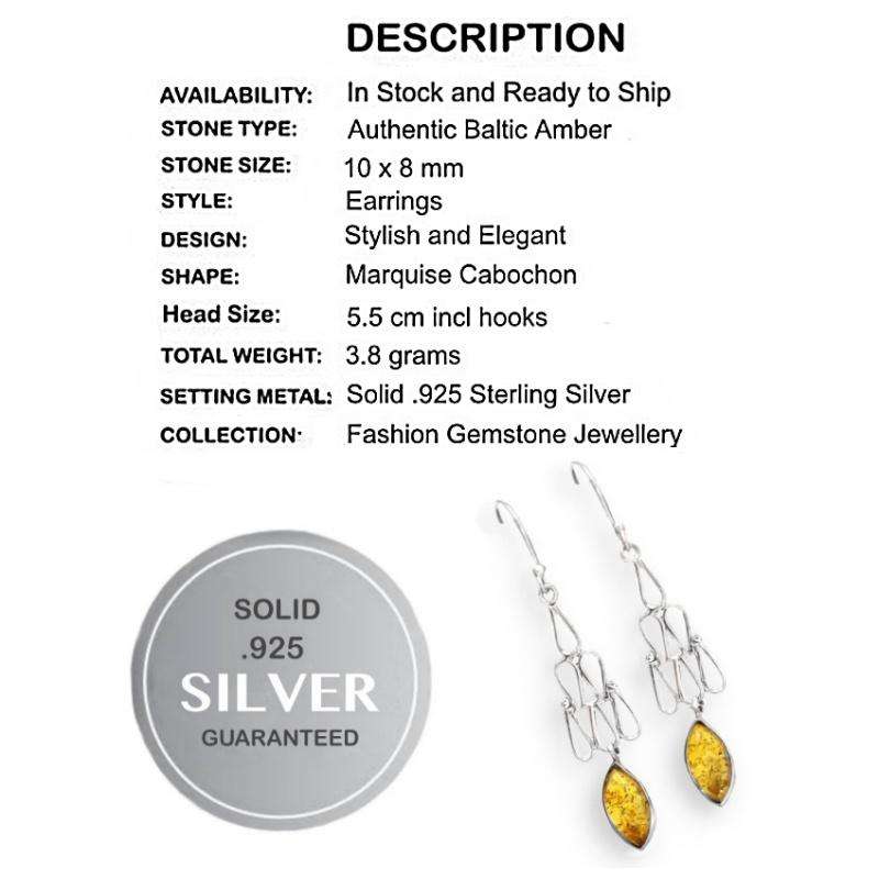 Natural Marquise Baltic Amber set In Solid .925 Sterling Silver Drop Dangle Earrings