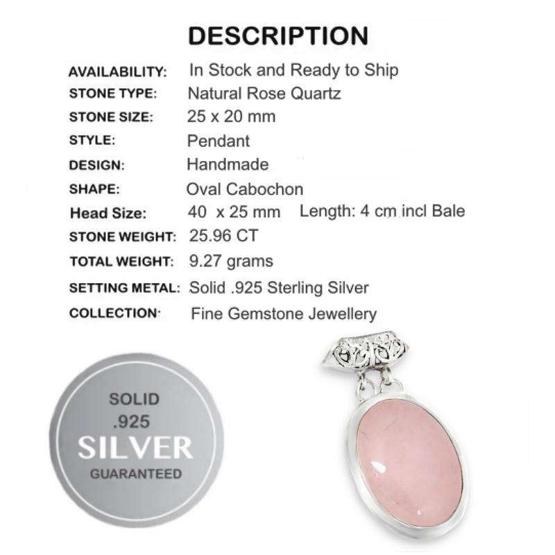25.96 cts Natural Rose Quartz Oval Gemstone set in Solid .925 Sterling Silver Pendant