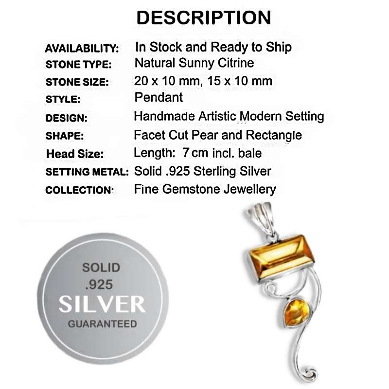 Modern Natural Citrine Gemstone Pendant set in Solid .925 Sterling Silver Pendant