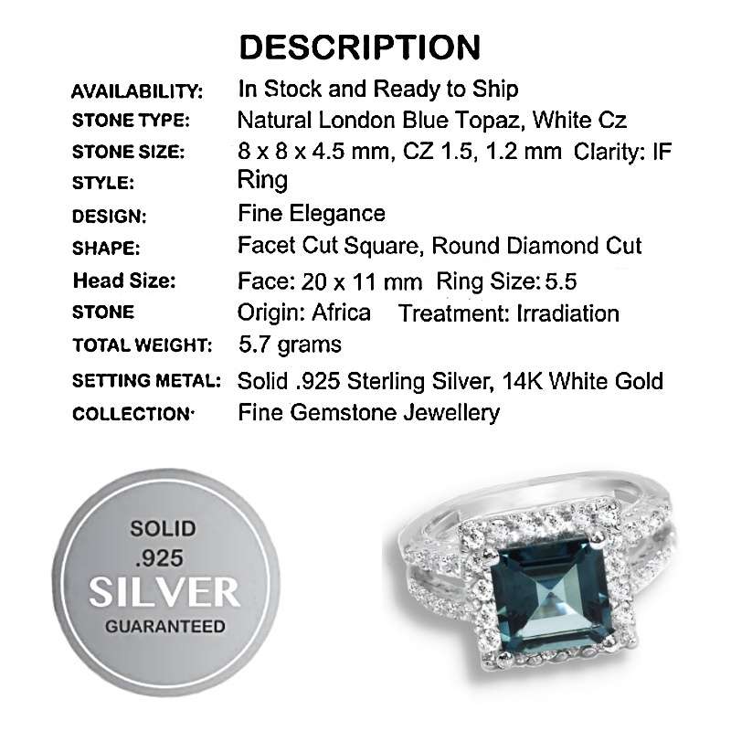 Natural London Blue Topaz & White CZ in Solid .925 Sterling Silver 14K White Gold Ring Size 5.5 / L