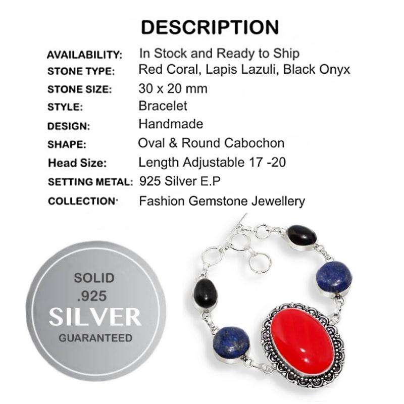 Natural Lapis Lazuli, Red Coral Black Onyx Gemstone in 925 Sterling Silver Plated Handmade Bracelet