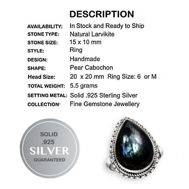 Natural Norwegian Larvikite Pear Shape Gemstone set in Solid .925 Sterling Silver Ring Size 6/ M