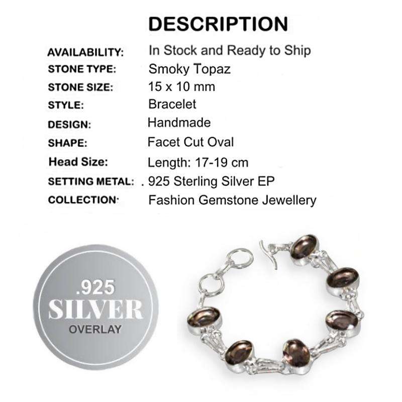 Smoky Quartz Ovals with Double Links set in .925 Sterling Silver Plated Handmade Bracelet
