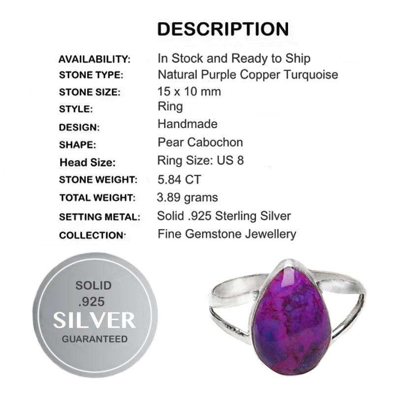 Natural Purple Copper Turquoise Pear Shape Gemstone set in Solid .925 Sterling Silver Ring Size 8/Q