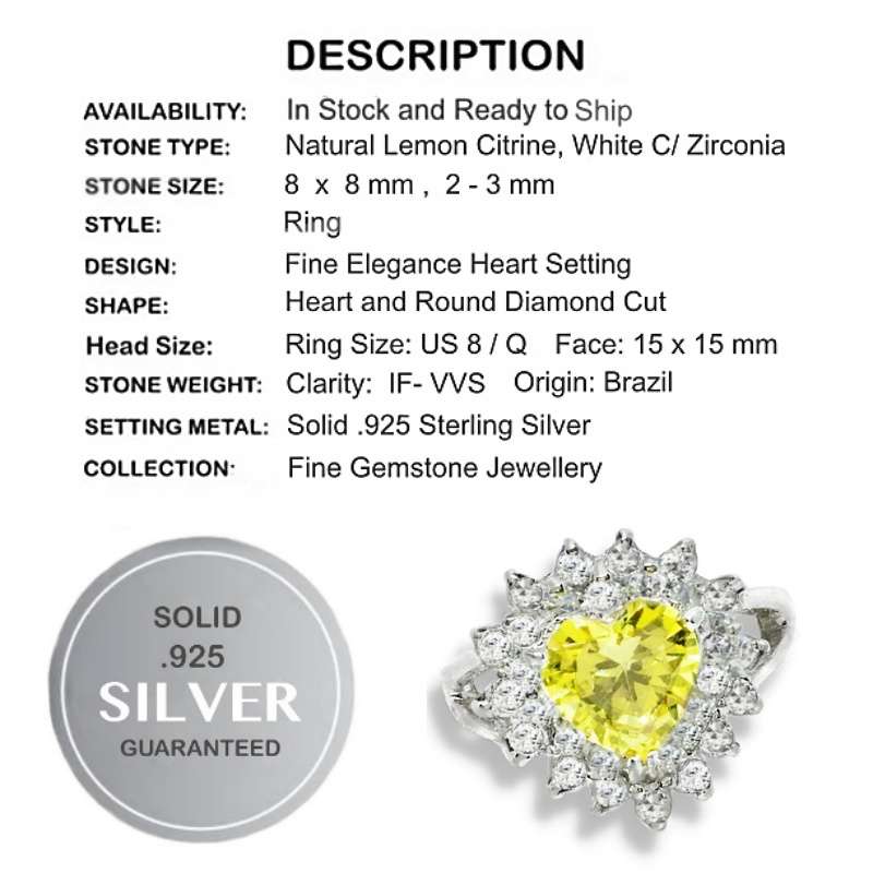 5.58 cts Natural Lemon Citrine Set in Solid .925 Sterling Silver Ring Size US 8 / UK Q