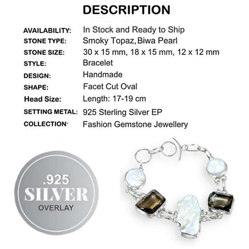 Smoky Topaz and Biwa Pearl Gemstones set in .925 Sterling Silver Plated Handmade Bracelet