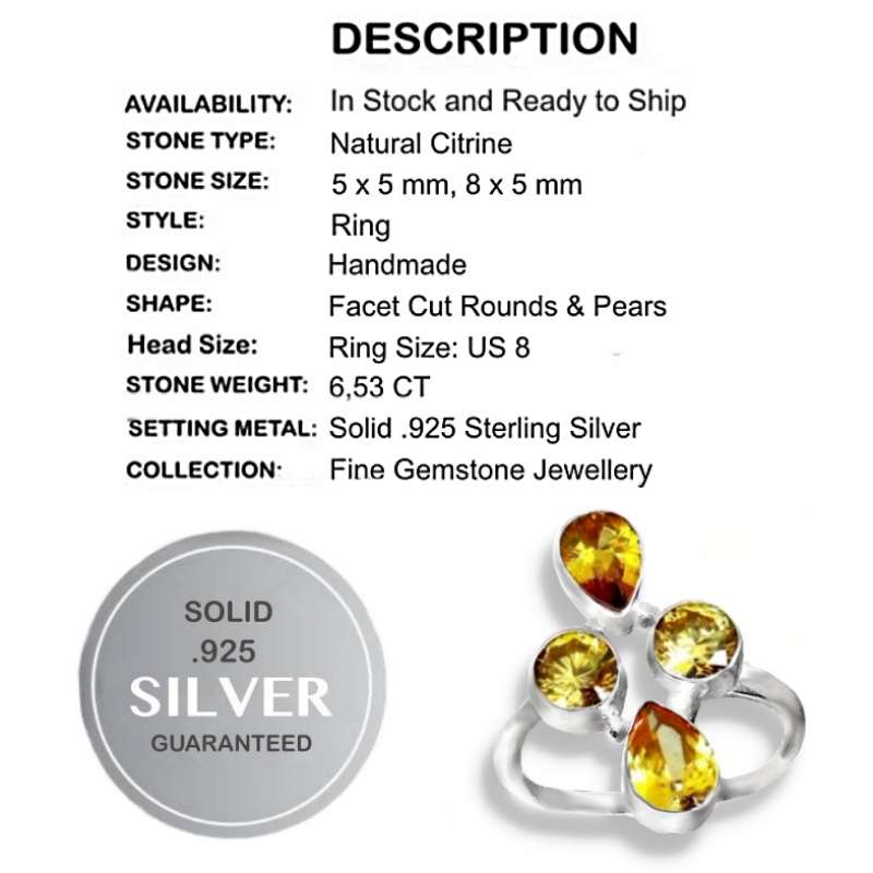 Natural Citrine Pear and Round Gemstones Solid .925 Silver Ring Size 8 OR Q