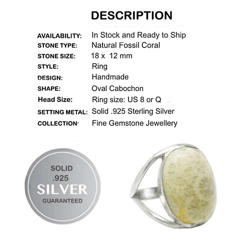 Natural Fossil Coral Oval Set in Solid 925 Sterling Silver Ring Size US 8 Or Q
