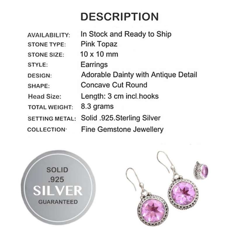 Faceted Pink Topaz Round Gemstone set in Solid .925 Sterling Silver Earrings