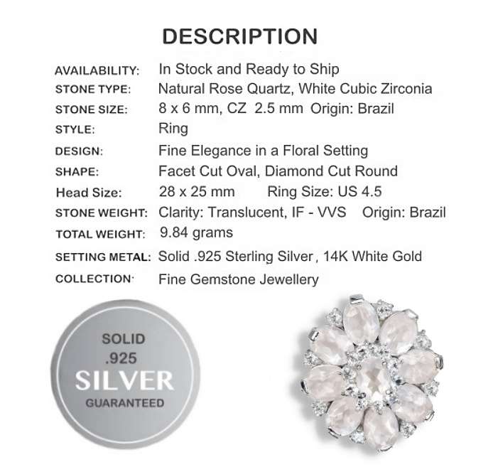 Natural Rose Quartz, Cubic Zirconia in Solid. 925 Sterling Silver 14K W/Gold Ring Size 4.5 or I 1/2