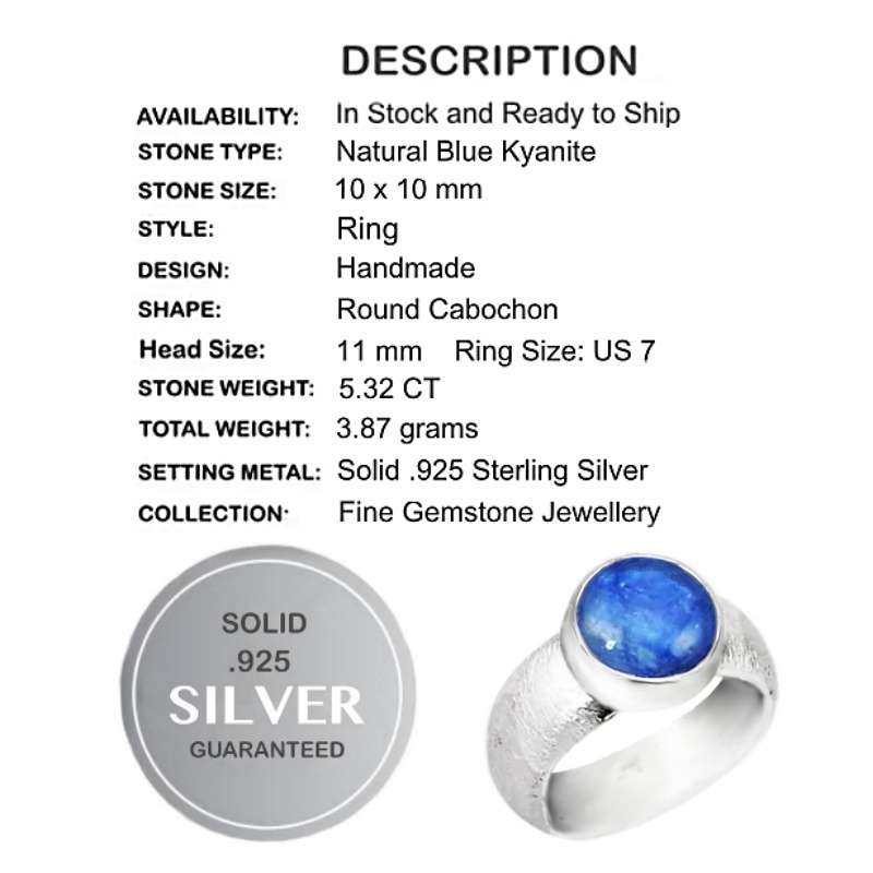 5.42 cts Natural Kyanite Round Gemstone set in Solid .925 Sterling Silver Ring Size US 7 / O