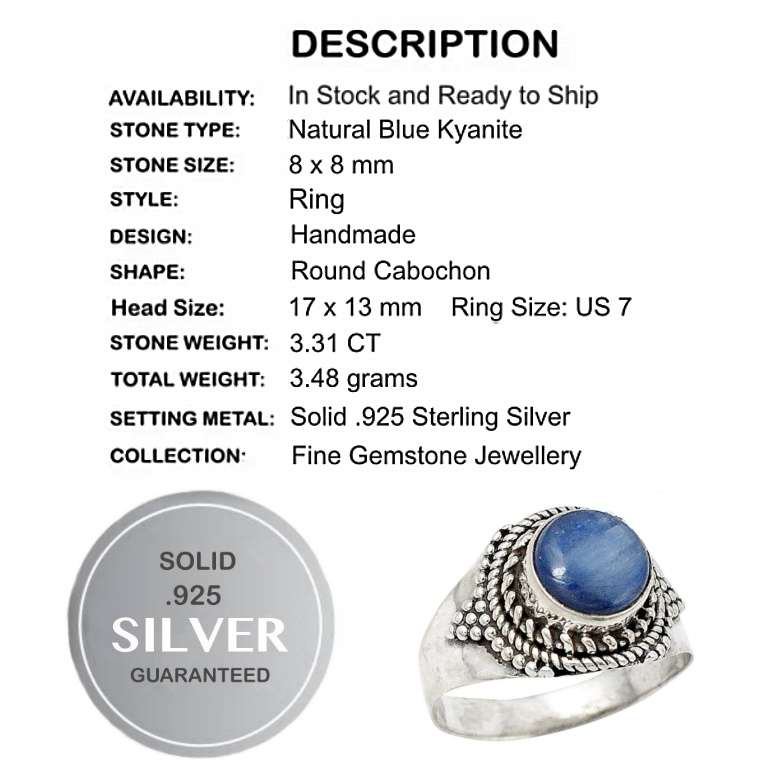3.31 cts Natural Kyanite Round Gemstone set in Solid .925 Sterling Silver Ring Size US 7 / O