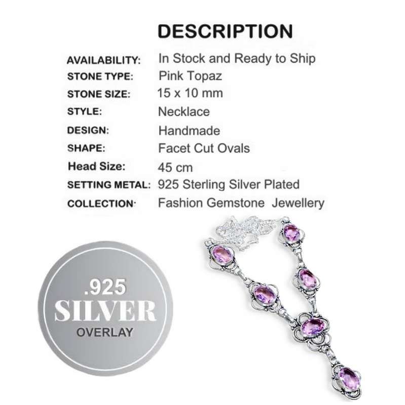 Handmade Pink Topaz Ovals set in .925 Sterling Silver Plated Antique Style Necklace