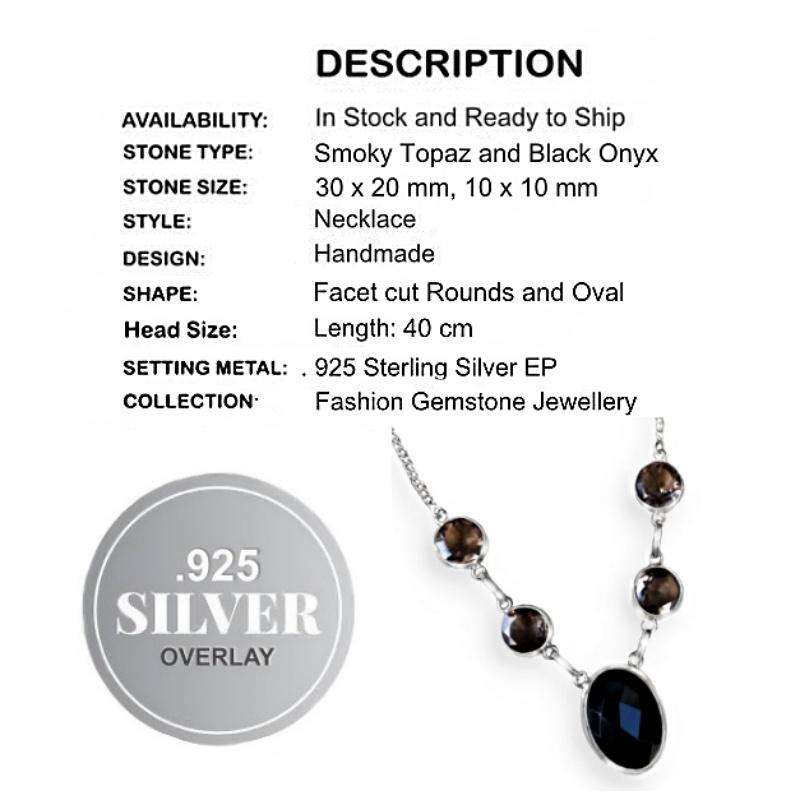Black Onyx and Smoky Topaz  set in .925 Sterling Silver Plated Handmade Necklace