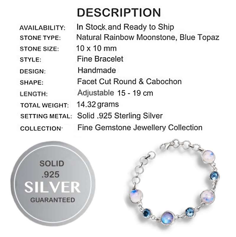 Natural Rainbow Moonstone and Blue Topaz Gemstones set in Solid .925 Sterling Silver Bracelet