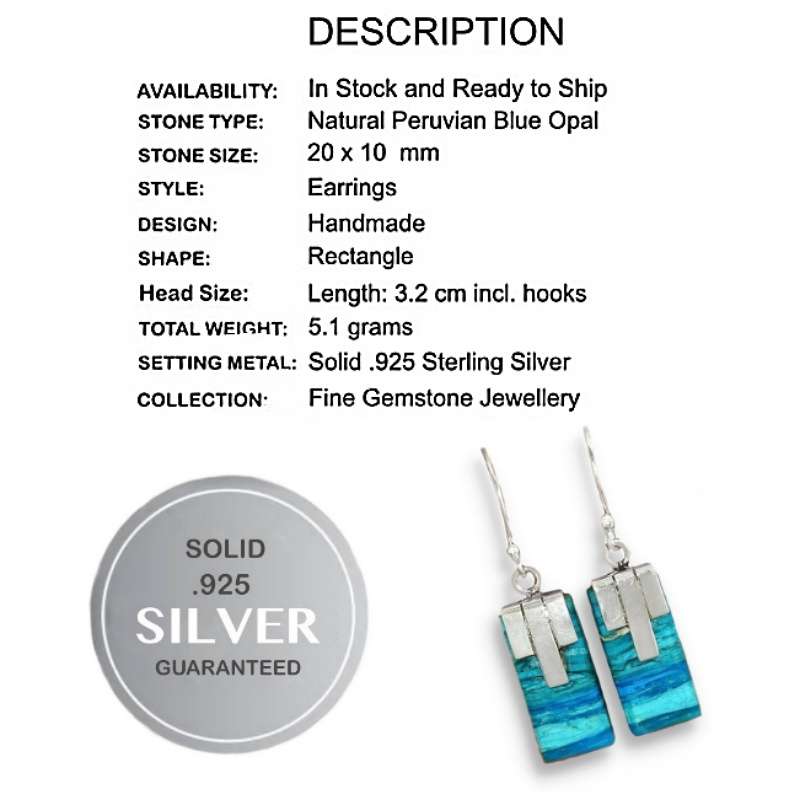 Very Rare -Genuine Peruvian Blue Opal Gemstone Set in Solid .925 Sterling Silver Earrings