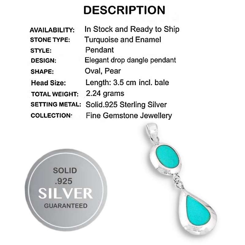 Dainty and Elegant Turquoise and Enamel set in Solid .925 Sterling Silver Pendant