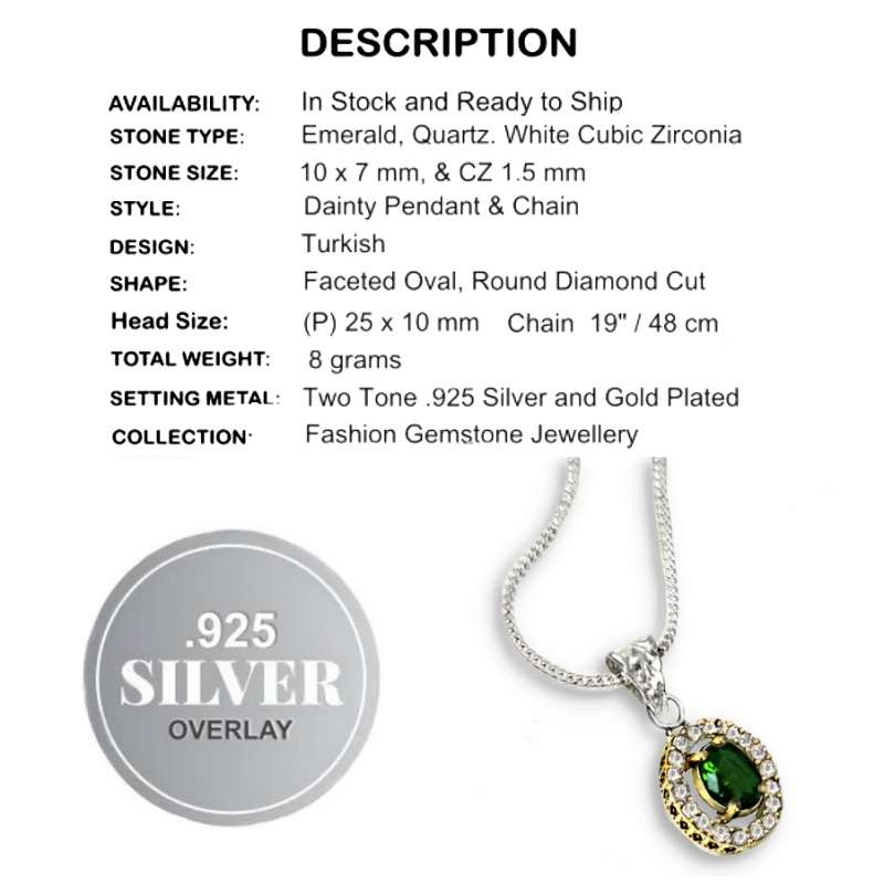 Two Tone Turkish Emerald White Cubic Zirconia  .925 Sterling Silver Plated Handmade Pendant + Chain