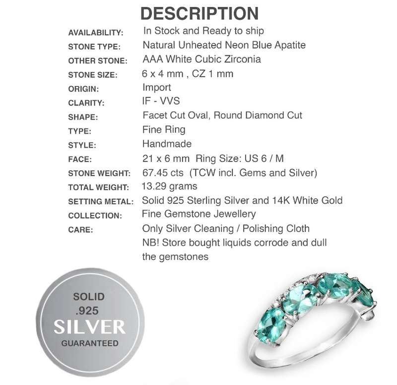 Deluxe Natural Apatite and White Cubic Zirconia Gemstone set in Solid .925 Silver Ring Size 6 / M